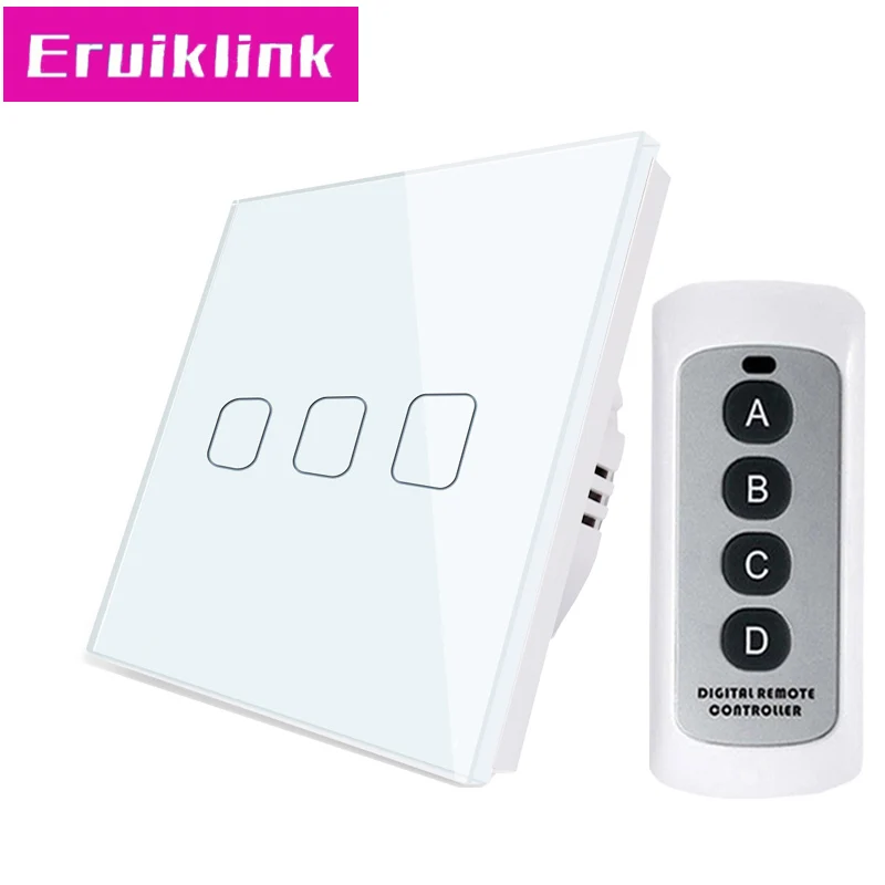 3gang Switch with RC ЕС/Великобритания Стандартный 1/2/3 местный 1 позиционный дистанционного Управление настенных выключателей, белый, с украшением в виде кристаллов Стекло Панель сенсорный светильник переключатель для RF433 умный дом - Цвет: 3gang Switch with RC