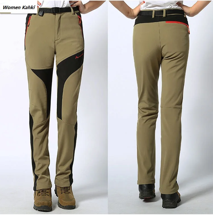 Women Khaki Мужские зимние уличные водонепроницаемые походные брюки Женские ветрозащитные термо флисовые софтшелл походные лыжные походные альпинистские брюки - Цвет: Women Khaki