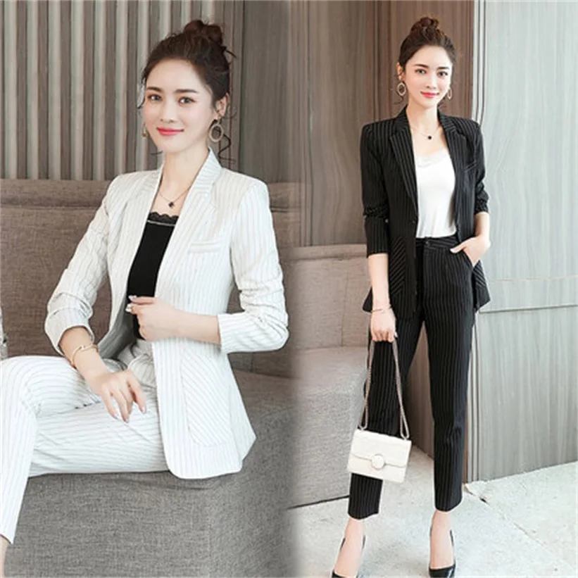 Blazer suit set for women stripe long sleeve pant suit office lady button temperament Shitsuke woman business suits female suits