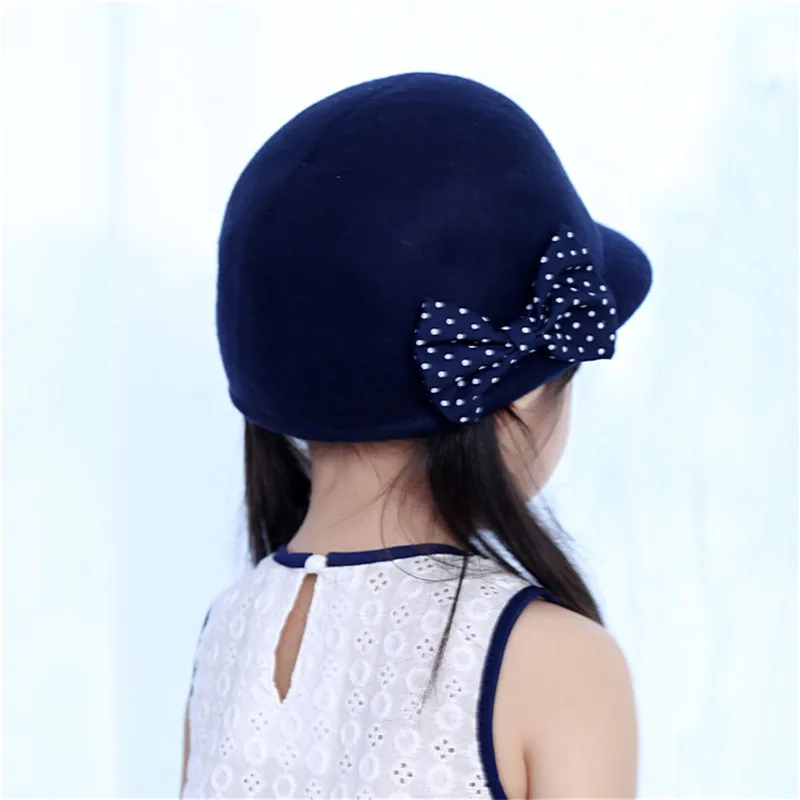 Spring Autumn Baby Girl Hat Fashion Navy Dots Girls Cap with Bowknot Kids Wool Felt Children Knight Beanies | Детская одежда и