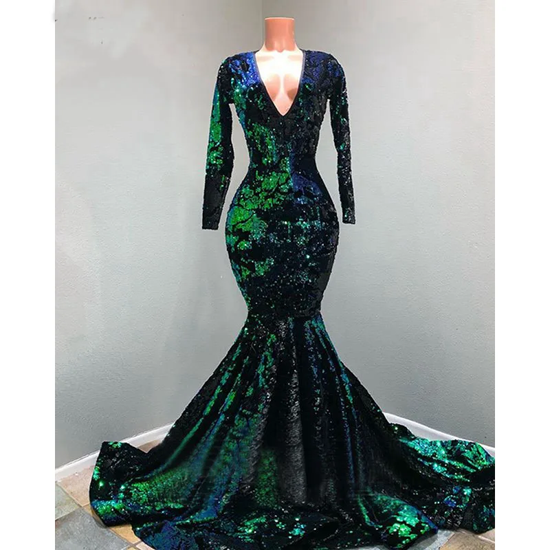 

Sparkly Sequined Green Mermaid Prom Dresses New Long Sleeve V Neck Sweep Strain Formal Evening Dress Party Gowns Custom Made
