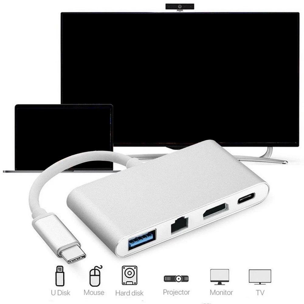 4 в 1 адаптер Разветвитель USB Type C на HDMI 4K + RJ45|Кабели VGA| |