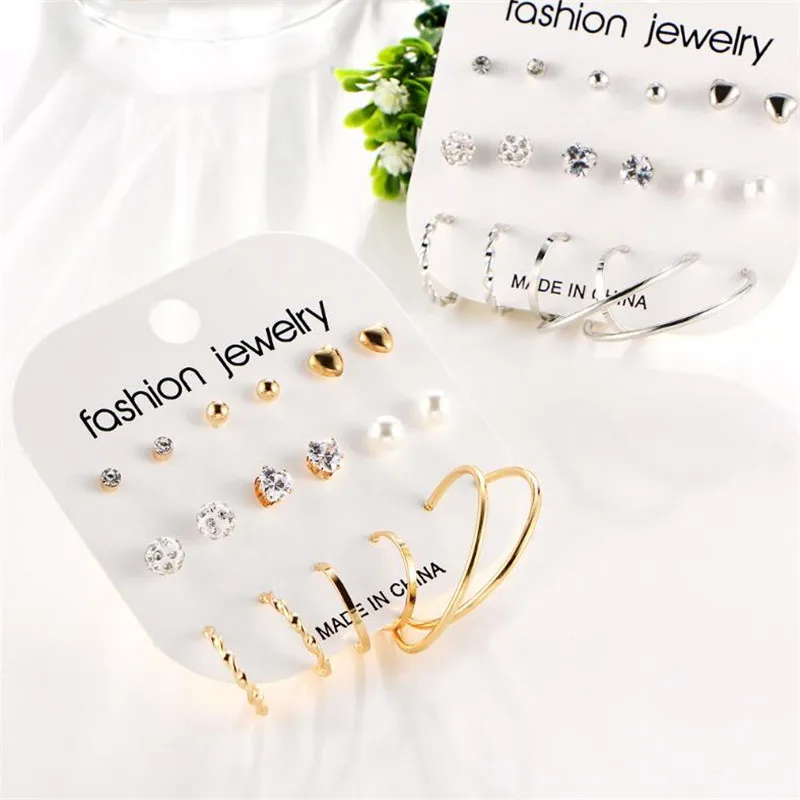2018 Newest Simulated Pearl Golden Stud Earrings For Women Vintage Round Jewelry Boho Crystal Heart Earring Sets 9 Pairs/Set | Украшения и