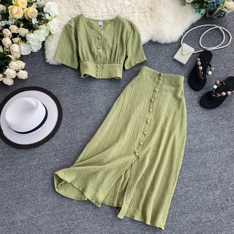 Summer Women Button Bodycon Crop Tops And Maxi Skirt Solid V-Neck Short Sleeve Casual Two Piece Set | Женская одежда