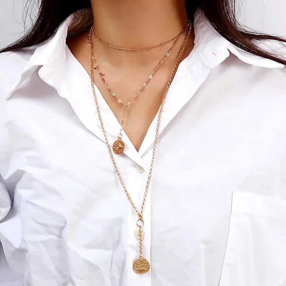 

WNGMNGL New Femme Multilayer Circle Pendant Gold Silver Color Necklace For Women Fashion Long Necklace Set 3pcs Choker Jewelry