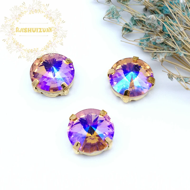 Круглые стеклянные стразы AB красного цвета для пришивания с золотым когтем