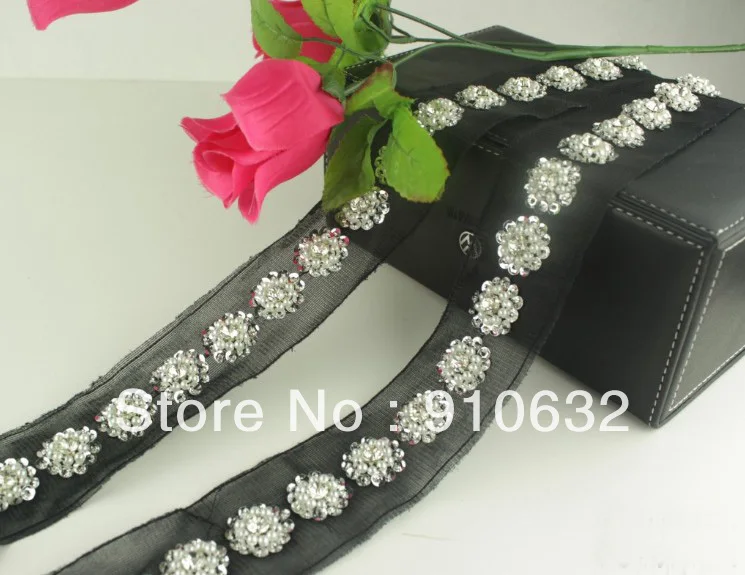 1 ярд черный кружевной цветок Жемчуг Блестки отделка с кристаллами и бисером
