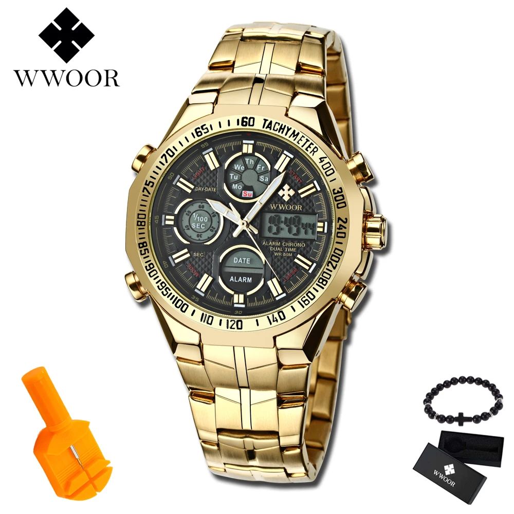 

2019 New Luxury Brand WWOOR Men Sport Watches Men's Quartz Digital Analog Clock Man Full Steel Wrist watch relogio masculino BOX