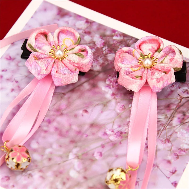 Принцесса заколки для волос заколки Kanzashi Yukata аксессуары для кимоно красный розовый девушки кисточкой цветок ленты Бисероплетение фестиваль подарок