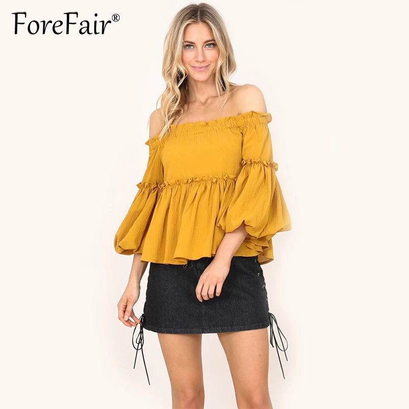 Forefair модная желтая Блузка с оборками для женщин 2017 вырезом лодочкой открытыми