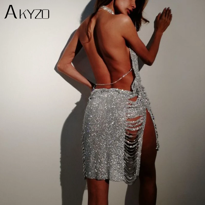 AKYZO, женское золотое, серебряное, стразы, кисточка, цепочка, платье, женское, сексуальное, на бедрах, с высоким разрезом, роскошные, вечерние, на бретелях, для пляжа, ночного клуба, платье