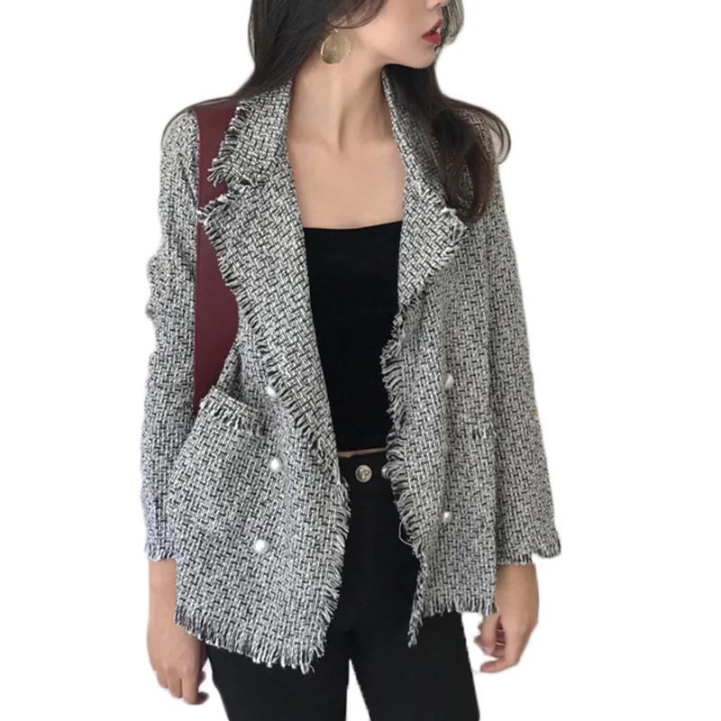 PERHAPS U women black pink plaid tweed outerwear pocket button turn down collar tassel burr blazer C0099 |
