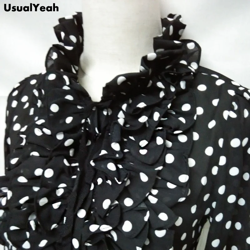 Женская шифоновая блузка в горошек с воротником стойкой и оборками|blouse tops shirt|blouse