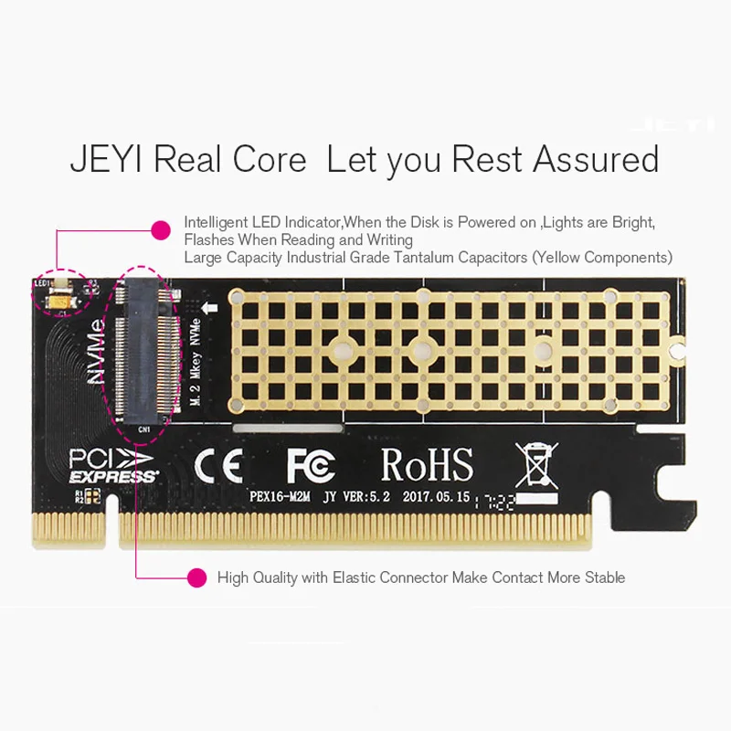 JEYI из 2 предметов Swift NVME X16 переходная карта pci-e карта M.2 2280 пыленепроницаемый золото полоса алюминиевая Термальность проводимость Кремниевая Пластина