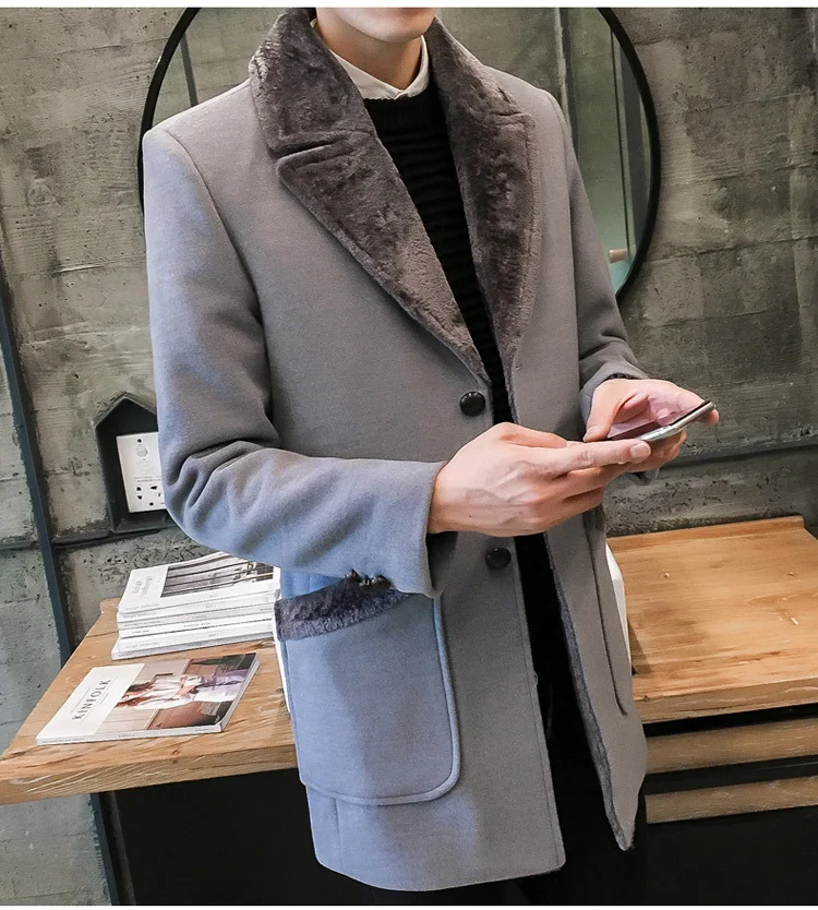 Меховой воротник Тренч Для мужчин из смесовой шерсти зимнее пальто Slim Fit Для мужчин манто Homme средней длины черный серый Для мужчин S Тренч синий 4xl 5xl