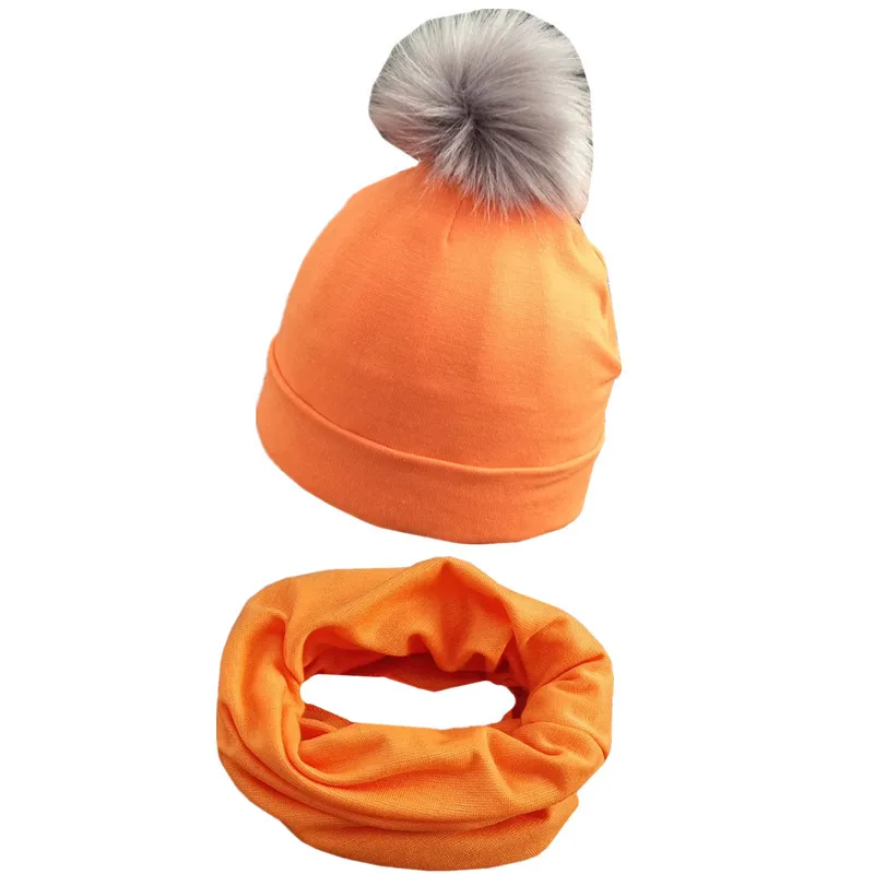 orange set Новая весенне-Осенняя детская шапка, комплект для мальчиков и девочек, шарф, зимний теплый шейный платок, детские вязаные шапки, комплекты с воротником, хлопковые детские шапки, шарф - Цвет: orange set