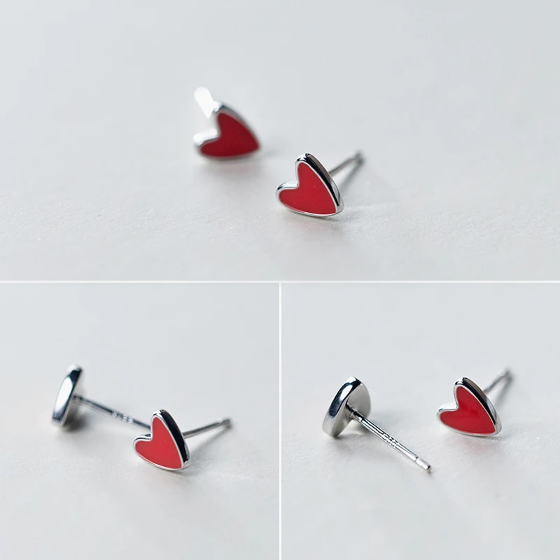 Женские серьги-гвоздики из серебра 925 пробы с сердцем красного цвета | Украшения и