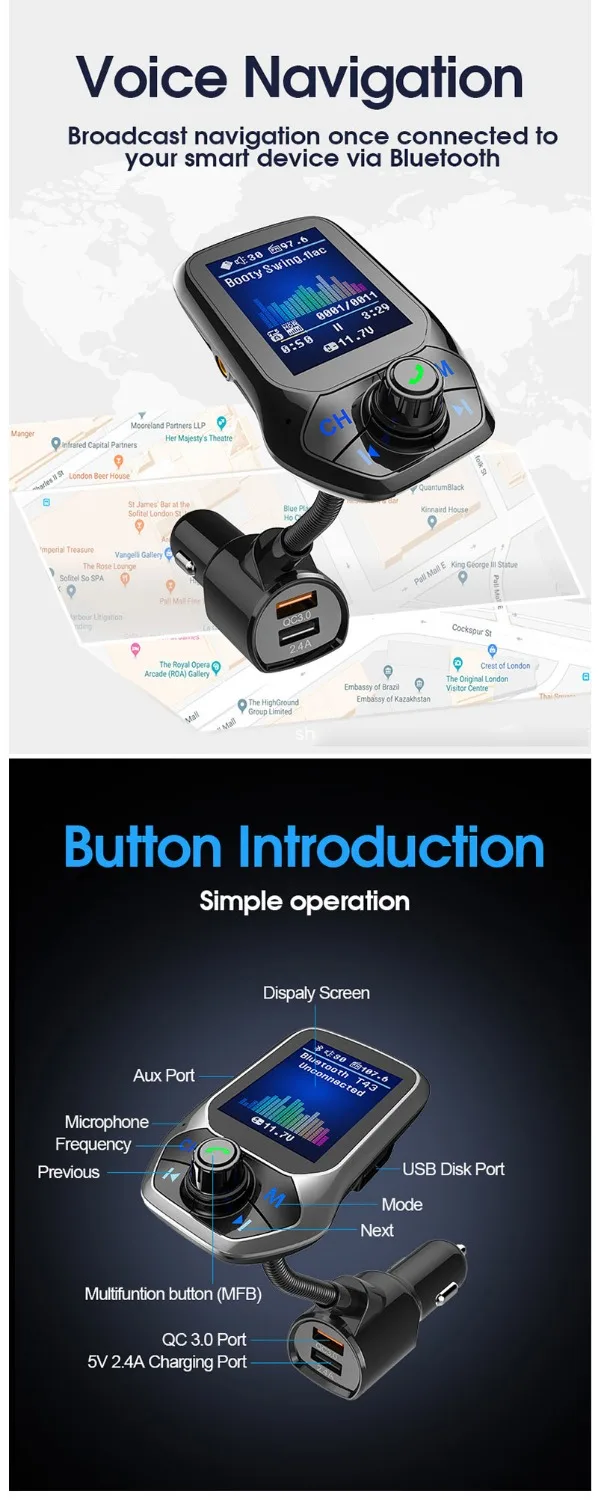 Автомобильный MP3-плеер FM модулятор mp3 автомобильный аудио плеер QC3.0 12 В 3USB Авто fm-передатчик Bluetooth автомобили AUX модулятор FM музыкальный плеер