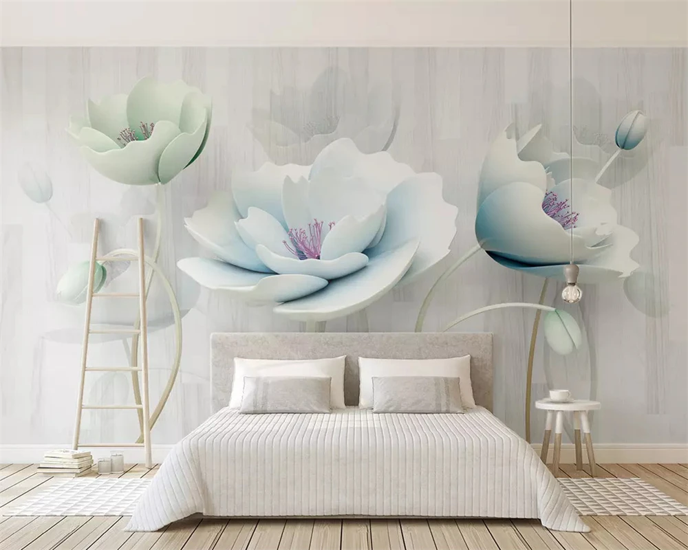 

beibehang papel de parede Customized 2019 beautiful new 3d embossed flowers blue fresh wood grain background wallpaper behang