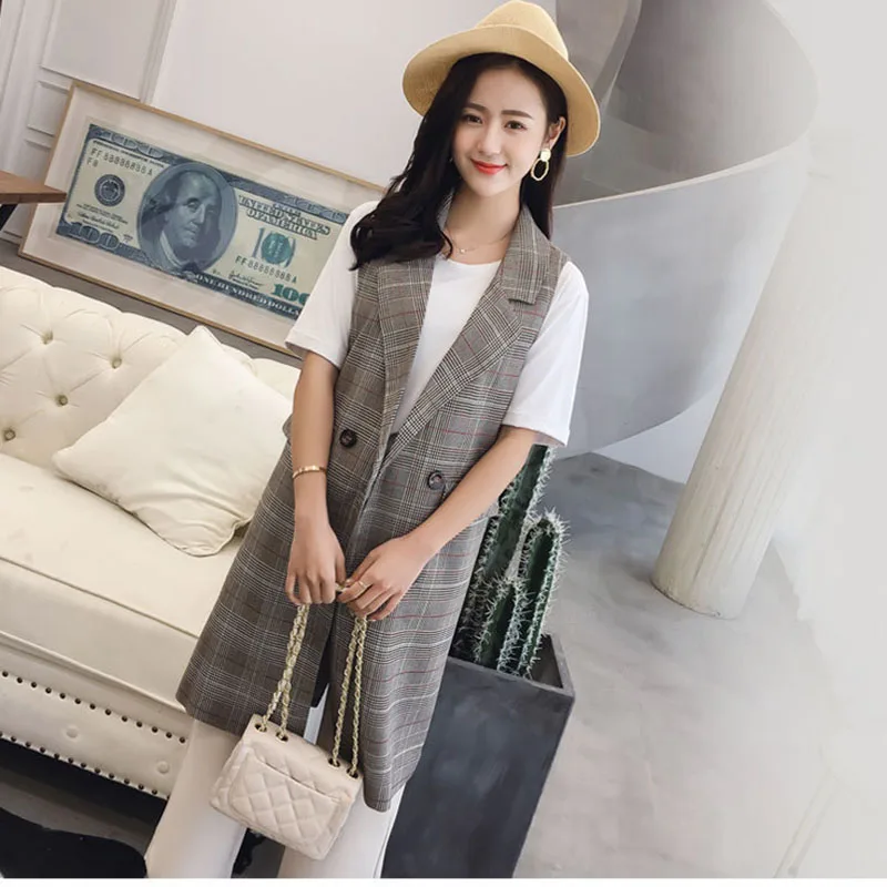 

Новый клетчатый длинный женский жилет, пальто