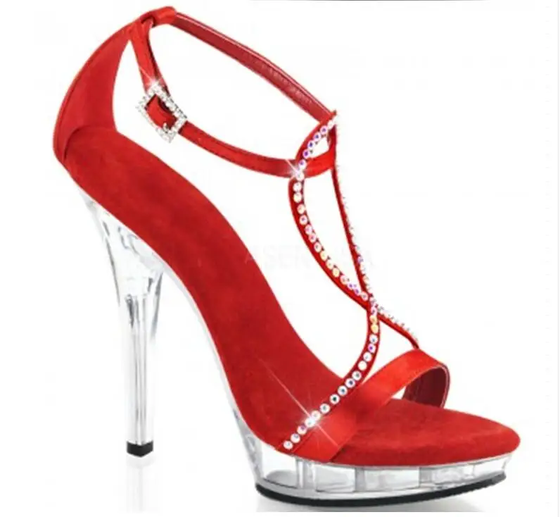

Carpaton Summer Sexy women's open toe thin band combination sweet thick crystal super high heel sandals dinner shoes red white