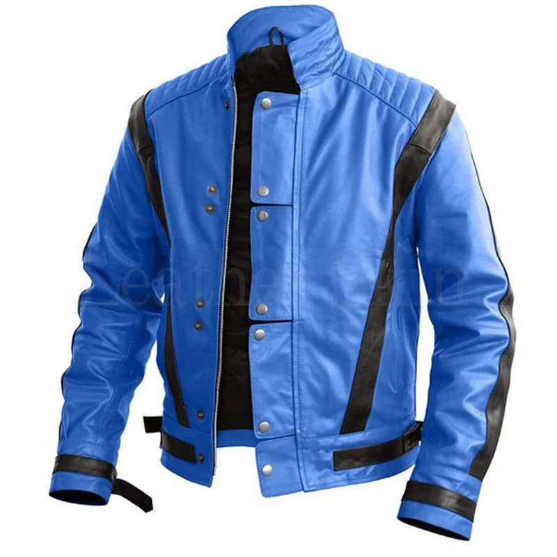 Rare Fashion England Retro MJ Michael Jackson Thriller Bule Leather Halloween Costume Chistmas Gift Jacket