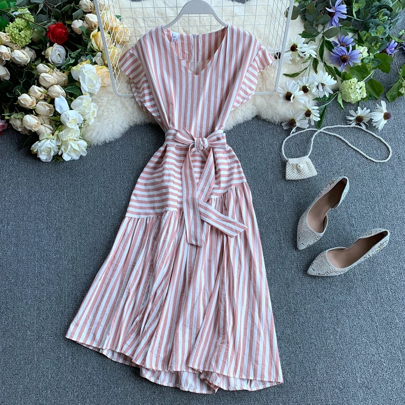 2019 Women Summer Fashion Short Sleeve V Neck Irregular Dresses woman Casual Elegant Striped Patchwork Belted Below Knee Dress | Женская