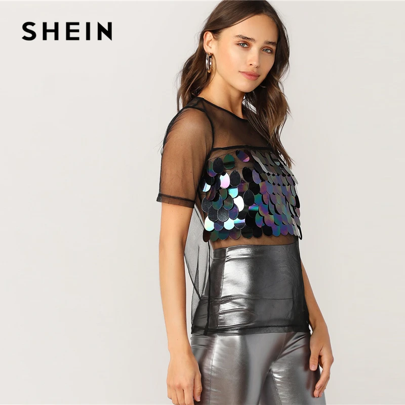 SHEIN топ из прозрачной сетки с пайетками,, летние женские Топы с коротким рукавом и блузки, одежда, черные Гламурные сексуальные блузки