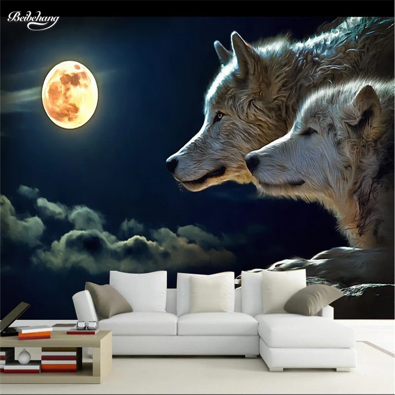 Обои для настенного декора 3D ночью яркие круглые луна волки атака комната