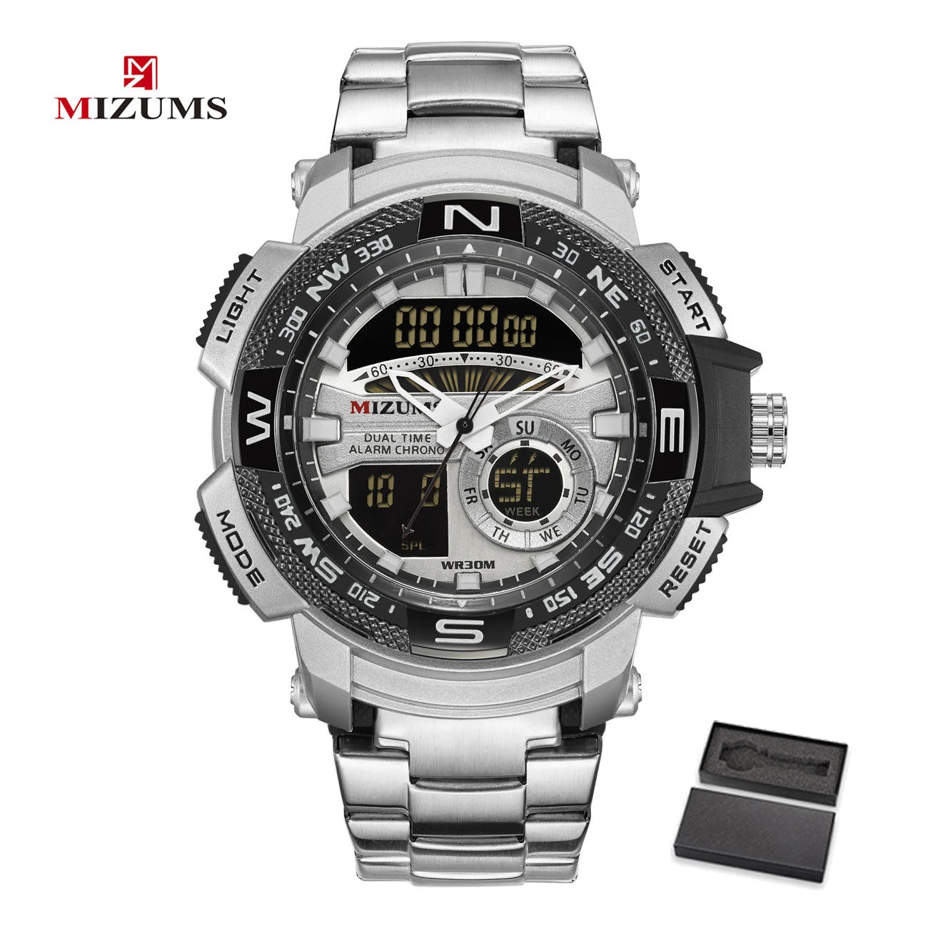 MIZUMS SIL BK BOX Мужские часы Relogio Masculino, кварцевые аналоговые цифровые часы с двойным дисплеем, роскошные золотые спортивные наручные часы, водонепроницаемые часы - Цвет: MIZUMS SIL BK BOX