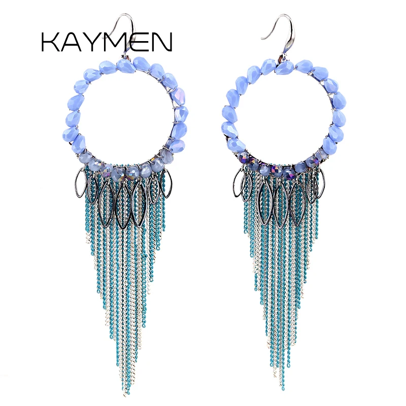 

KAYMEN Women's Luxury Fashion Tassels Drop Earrings Round Shape Crystals Chains Long Dangle Earrings for Girls EA-04173