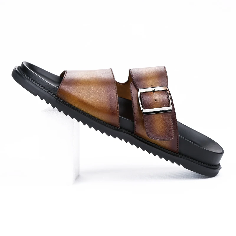 Нескользящие мужские шлепанцы из натуральной кожи летняя модная пляжная мужская