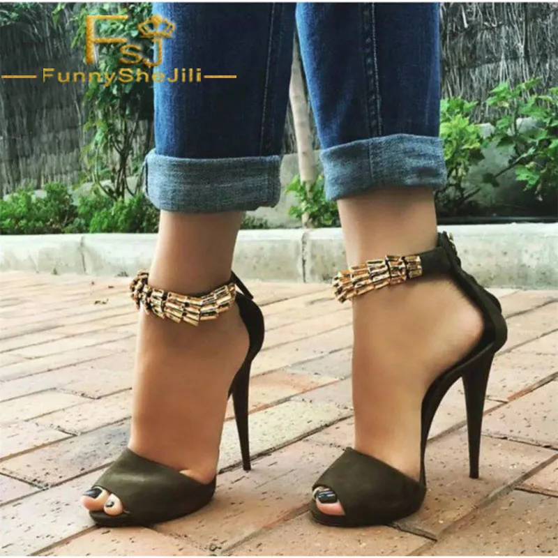 

Army Green Peep Toe Heels Cones Heels Metal Ankle Strap Sandals Autumn Attractive Noble Generous Incomparable Elegant FSJ Sexy