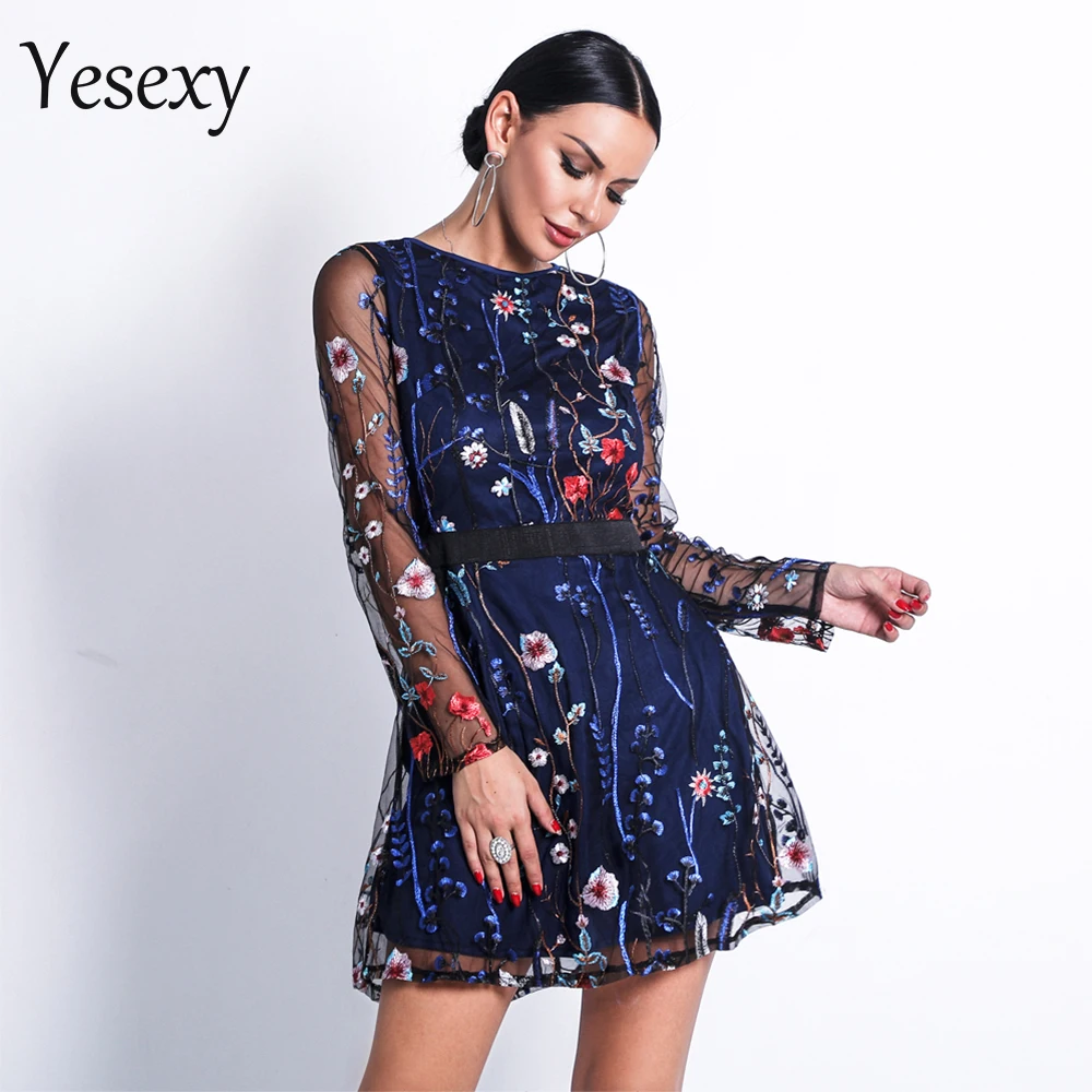 Женское кружевное платье Yesexy Осеннее Прозрачное с круглым вырезом и длинным