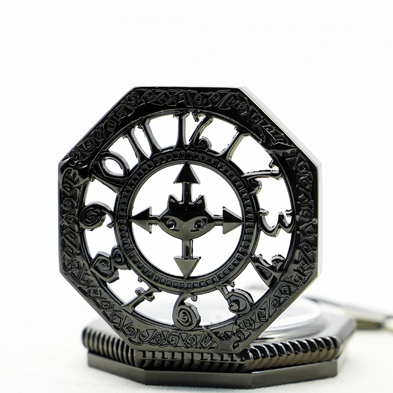 Black Hexagonal Magic Cat Embossed Hollow Mechanical Pocket Watch Retro Steampunk Manual Winding Clock Men's Holiday Gift