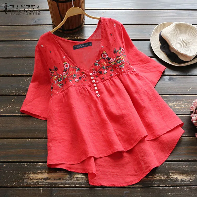 Летняя рубашка с коротким рукавом и V-образным вырезом Женская винтажная блузка