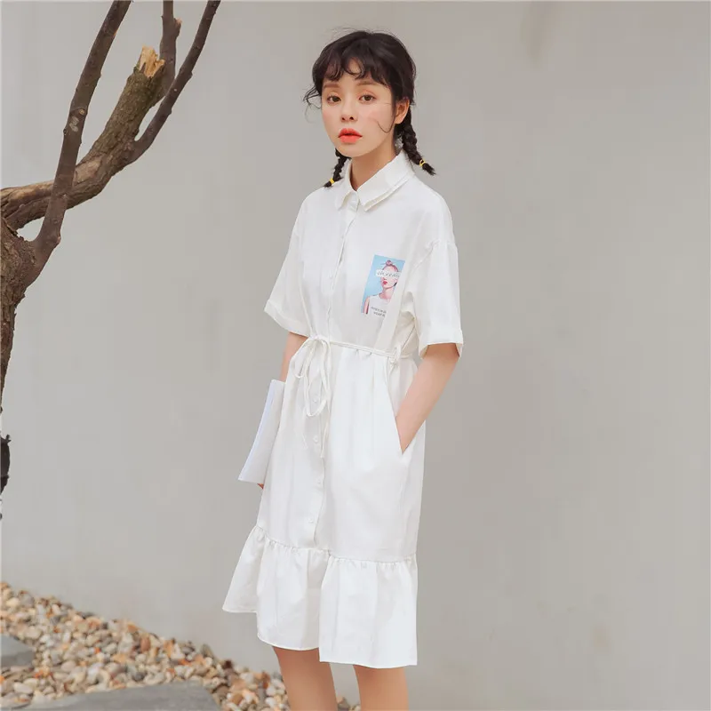 Женские Kawaii новые летние студенческие однобортные гофрированные платья рубашка