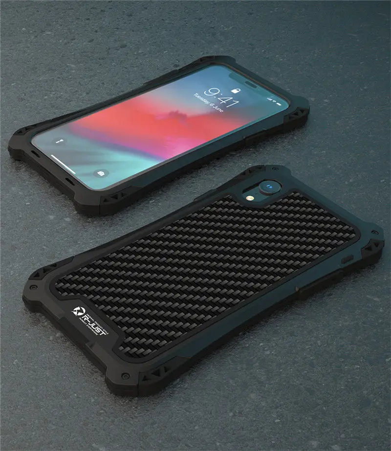 black R-JUST, чехол для iPhone Xs, противоударный, всплеск, водонепроницаемый, ТПУ, углеродное волокно, металлический бампер, чехол для iPhone XR Xs Max - Цвет: black