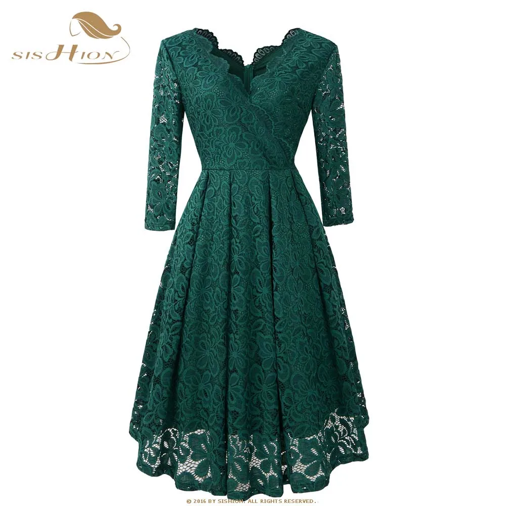 Женское кружевное платье с длинным рукавом V образным вырезом|Женские платья| |