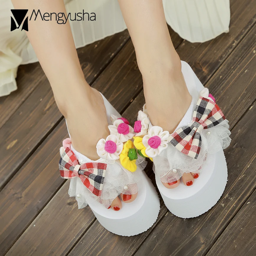 Милые стильные розовые шлепанцы с бантом mujer Летние вязаные на платформе