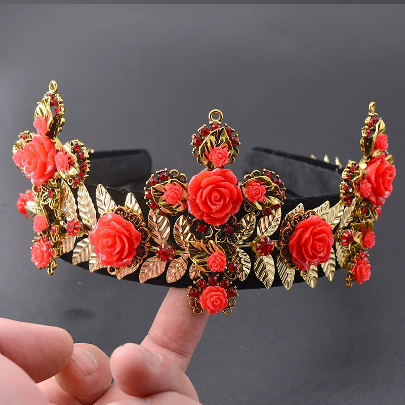 Retro Palace Baroque Crown Gold Leaves Wide Cross Headband Rose Flower Velvet Headdress For Women Bride Wedding Hair Accessories | Украшения