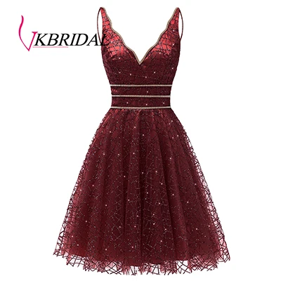 Burgundy VKbridal/блестящее мини-платье с глубоким v-образным вырезом и кристаллами для выпускного вечера, сверкающие платья для выпускного вечера, короткие платья для девочек - Цвет: Burgundy