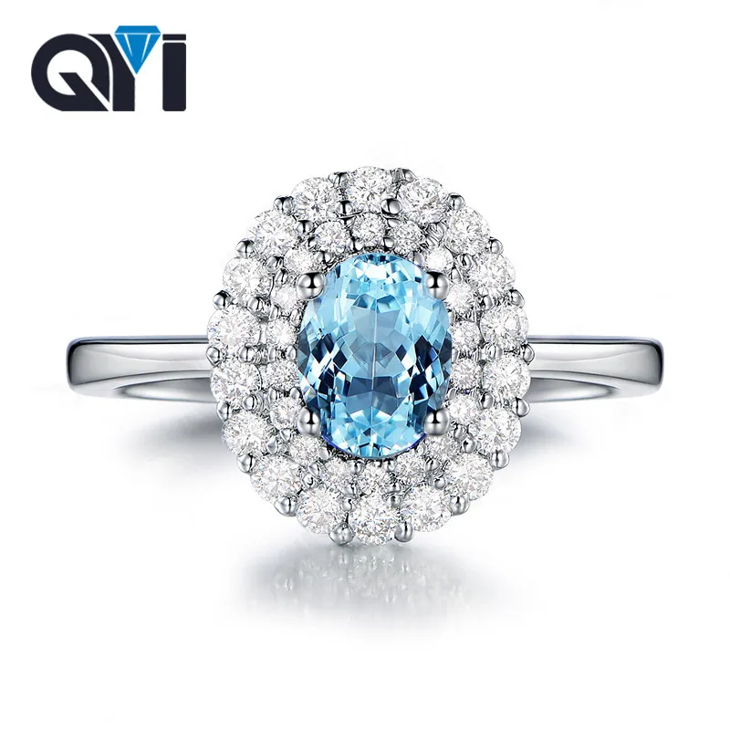 

QYI Luxury Natural Topaz Sky Blue Stone Ring 1.25 ct Oval Cut 925 Sterling Silver Prong Setting Gemstone Double Halo Rings