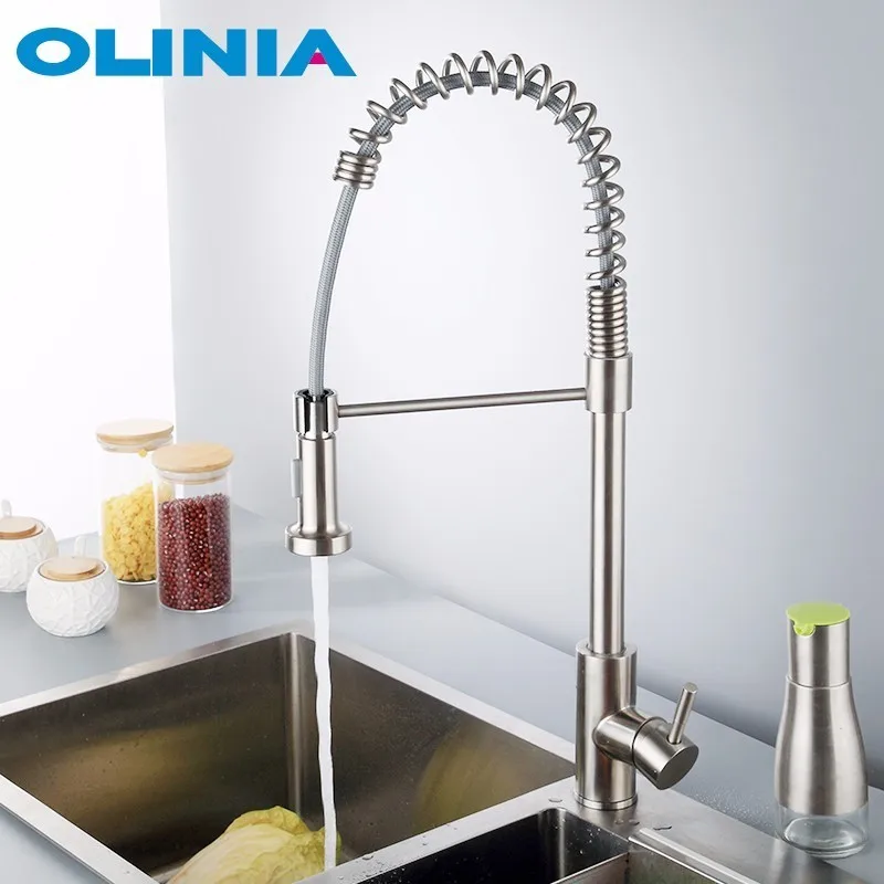 304 Stainless Steel Olinia Нержавеющая сталь выдвижной кухонный поворотный кран смеситель для кухни смеситель для раковины смесители для кухни кухонный смеситель смеситель на кухню Однорычажный Выдвижной пружинный носик OL98015 - Цвет: 304 Stainless Steel