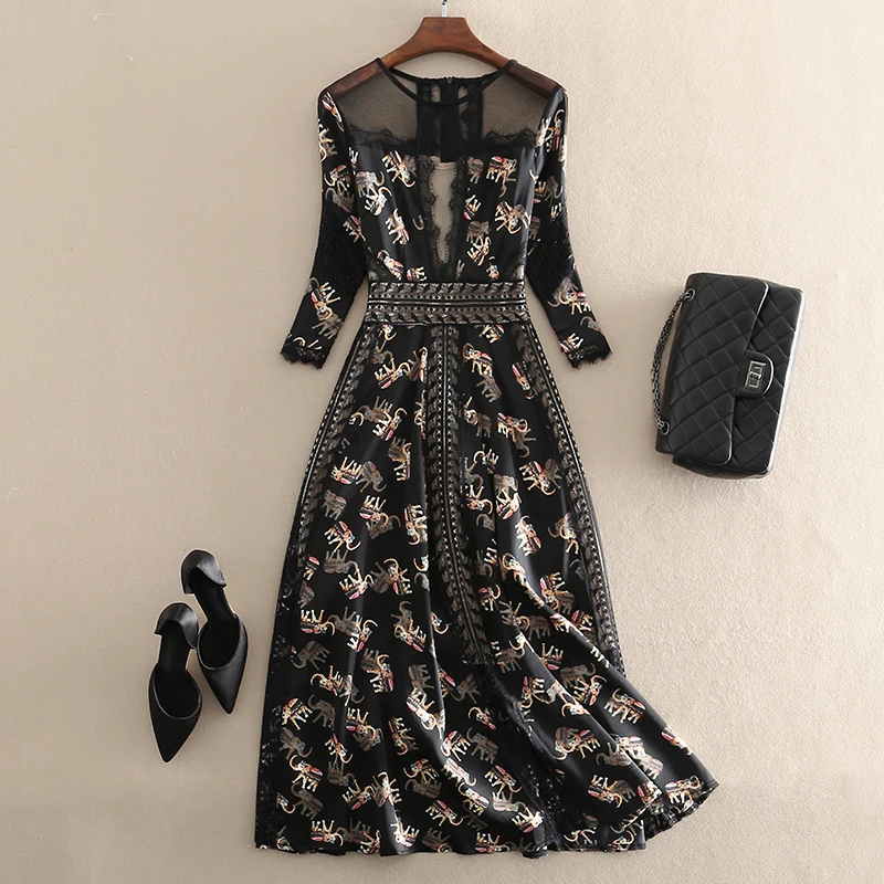 

Vestidos Mujer кружевное платье с О-образным вырезом полиэстер платье трапециевидной формы, длинное платье с кружевом, высота до середины голени, ...