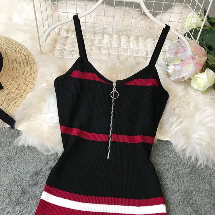 ALPHALMODA Ретро подтяжки, вязаное платье, новинка, цветное Полосатое тонкое платье на молнии, женское летнее облегающее платье