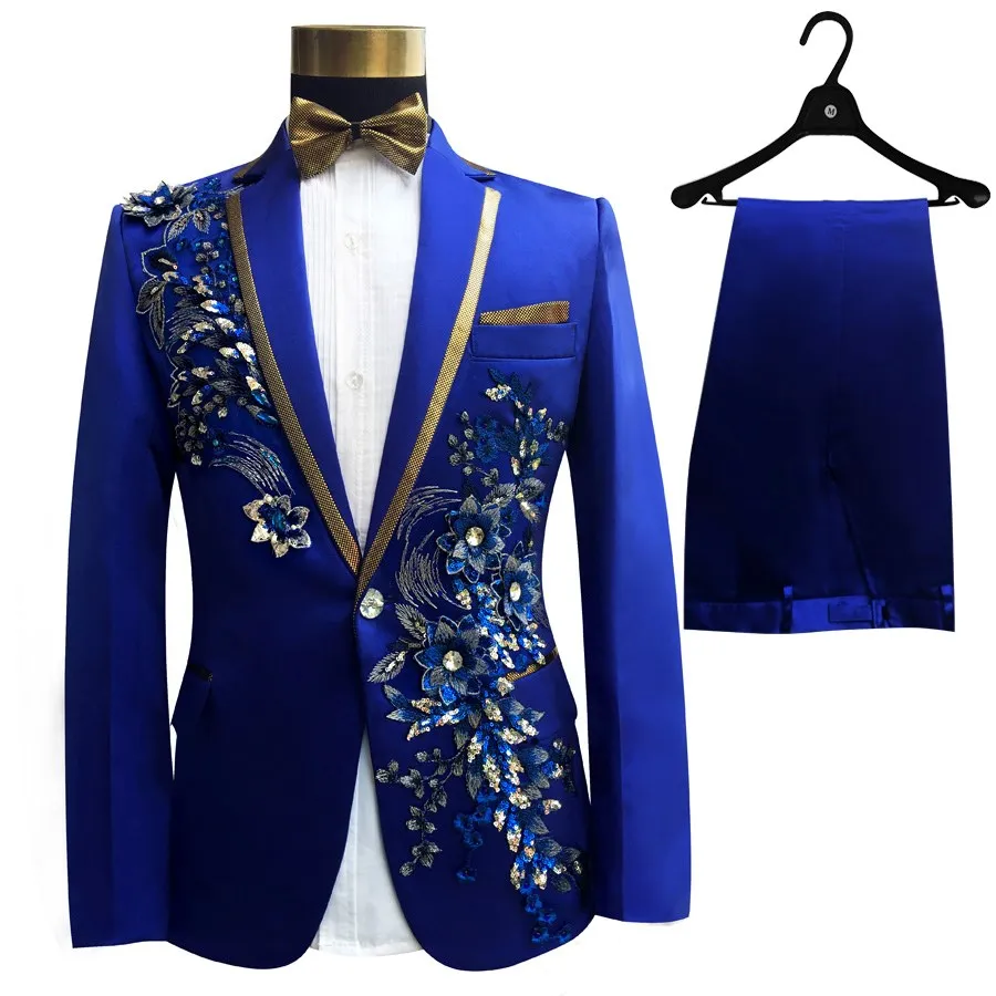 

YUSHU Men Business Casual Slim Suit Sets Sequins Embroidered Flower Wedding formal dress Blazer stage performances Suit