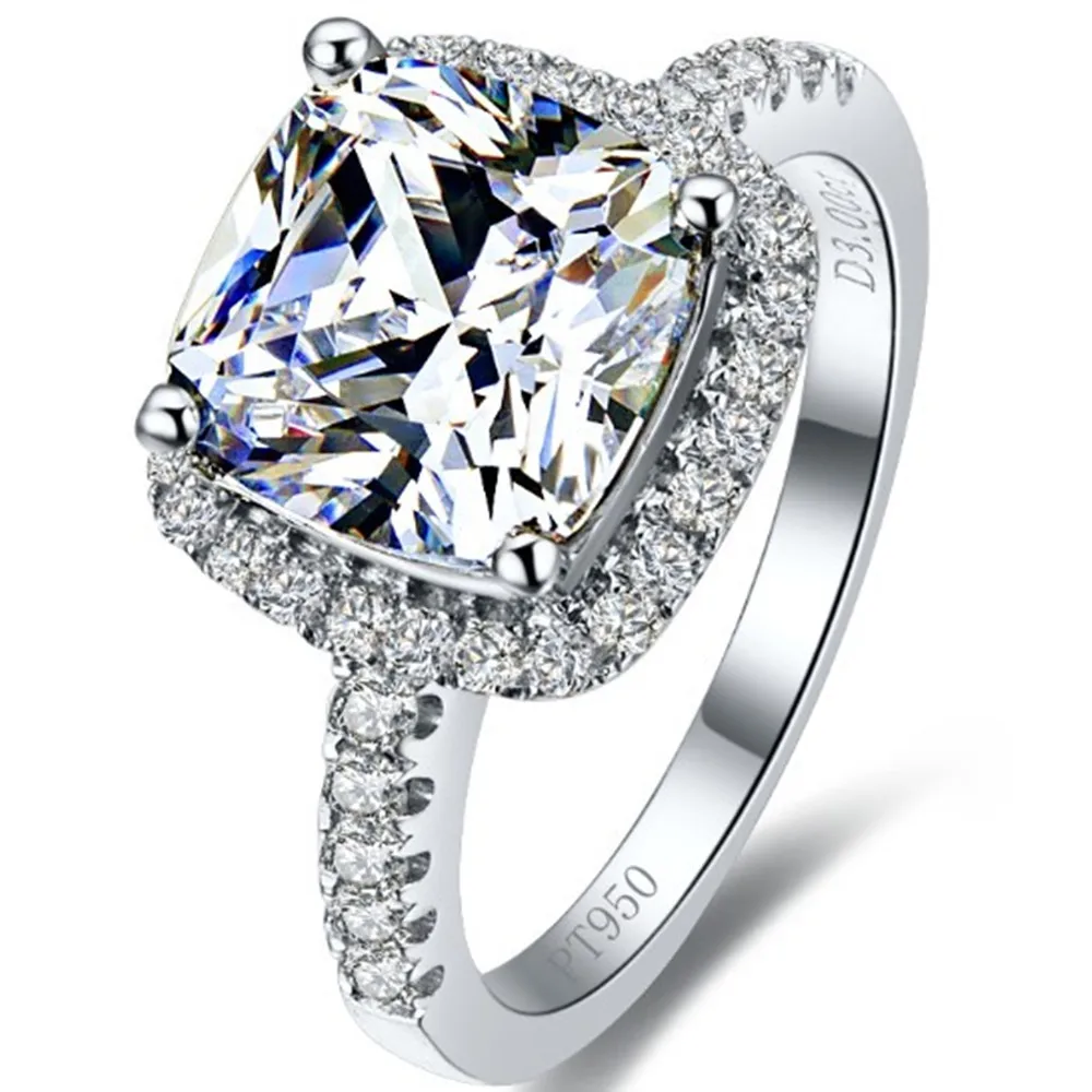 

Positive 9*9 mm Moissantie Ring 3CT Diamond Carbon Cushion Moissanite Ring Jewelry for Women 14k White Gold Certificate Ring