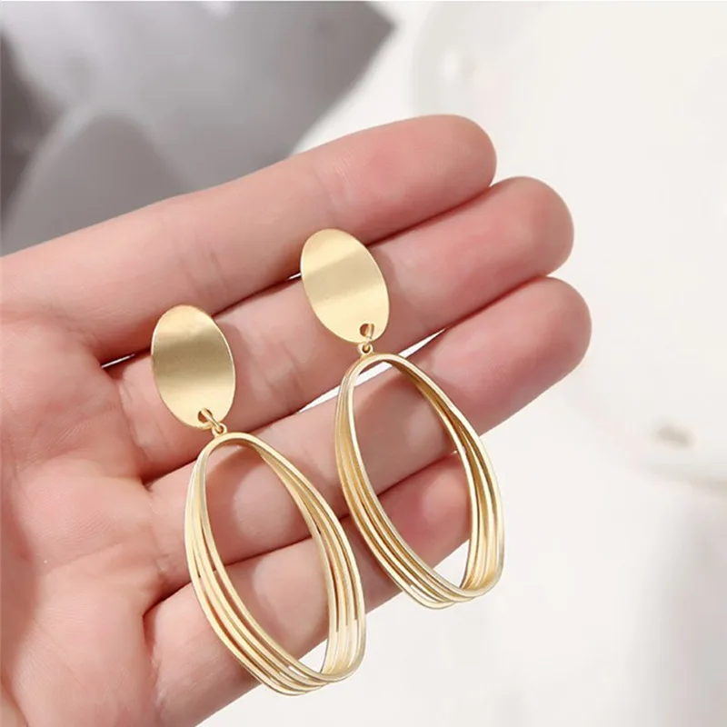 South Korea Cool Temperament Matte Metal Geometry Oval Earrings Fashion Women Earring Long Eardrop Tide Joker Atmosphere
