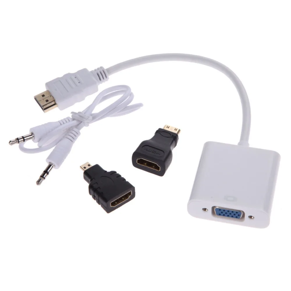 Адаптер преобразователя 1080P Micro HDMI/Mini HDMI/HDMI к VGA с аудио видео кабелем Белый Черный